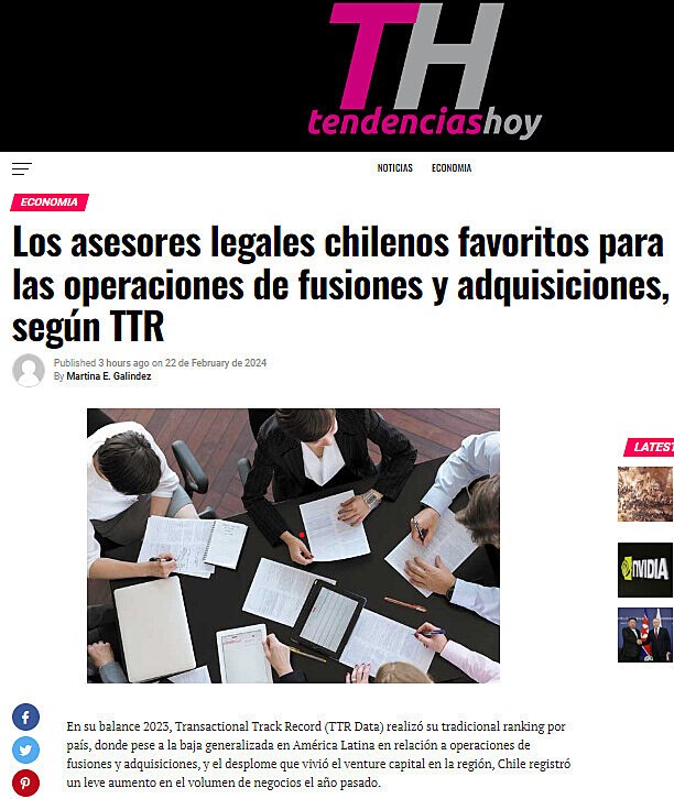 Los asesores legales chilenos favoritos para las operaciones de fusiones y adquisiciones, según TTR